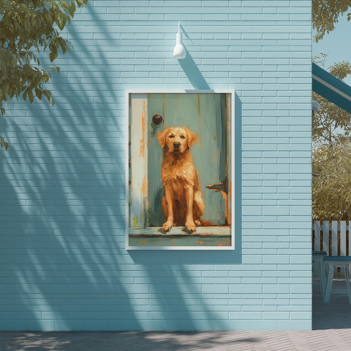 A framed painting of a golden retriever dog sitting on a step is displayed on a blue brick wall.