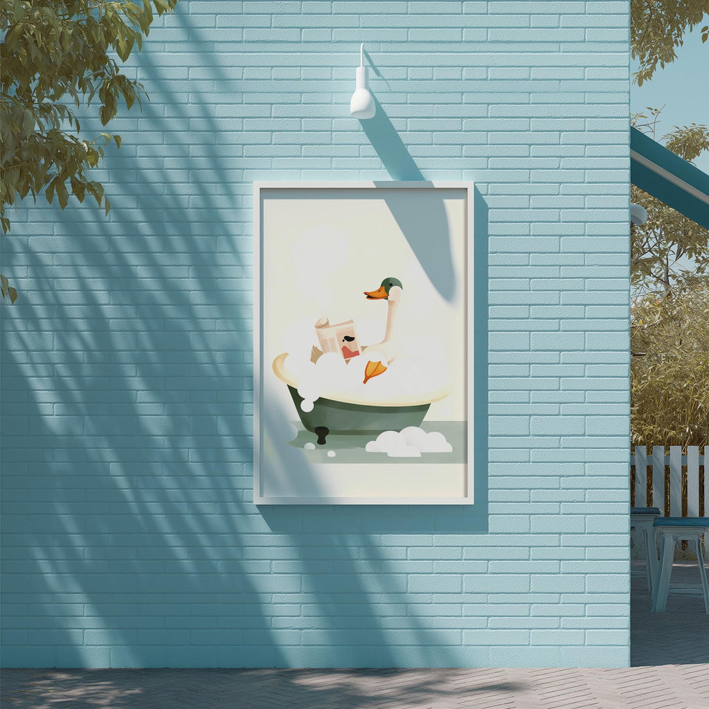 a blue brick wall with a framed illustration of a duck sitting in a bathtub, surrounded by bubbles.