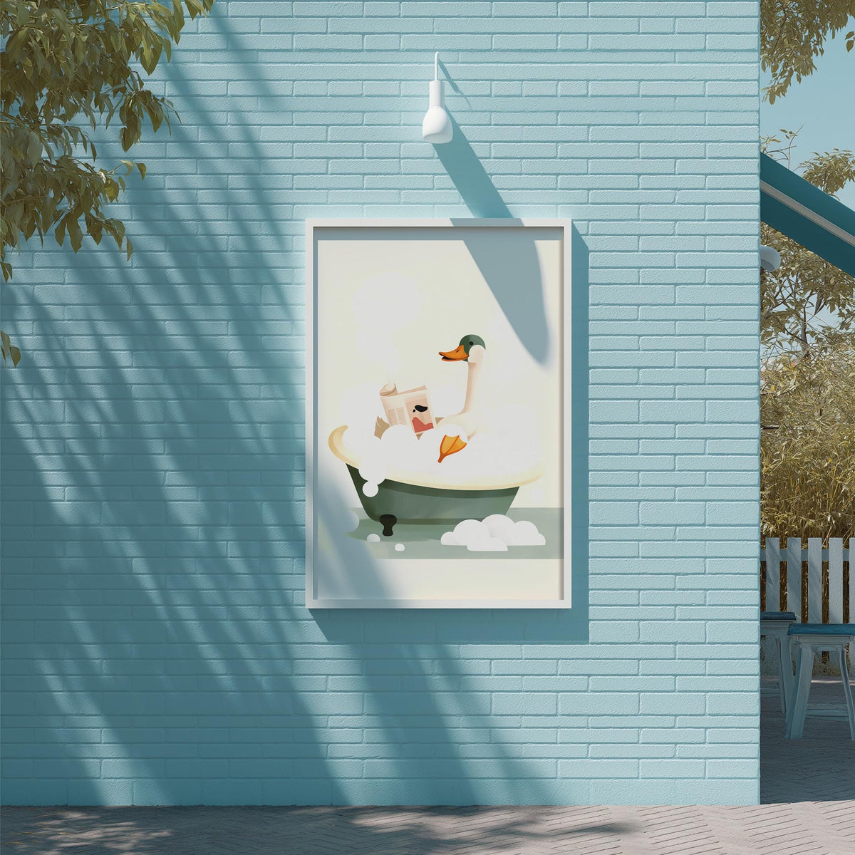 a blue brick wall with a framed illustration of a duck sitting in a bathtub, surrounded by bubbles.