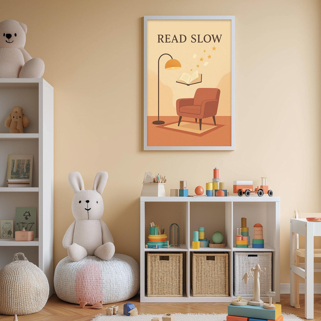 A cozy children's room with a bookshelf, a plush rabbit, and a toy train. Above the bookshelf is a poster that reads "READ SLOW".