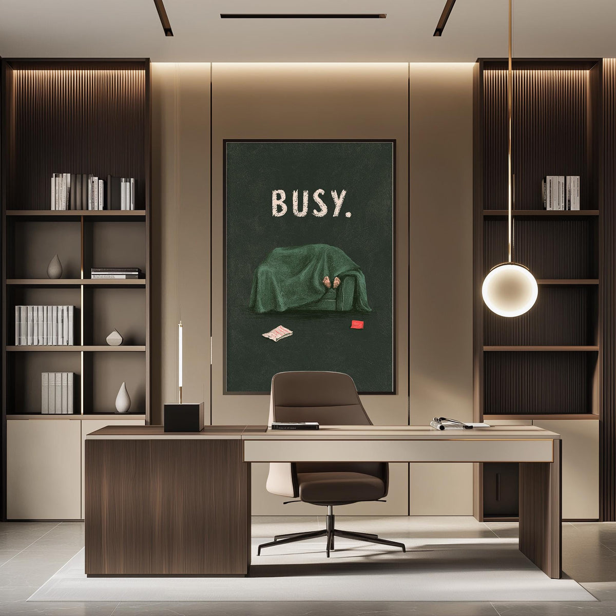 a modern and well-organized office space with a large desk, a comfortable chair, and a framed poster featuring a green blanket with the word "BUSY" written on it.