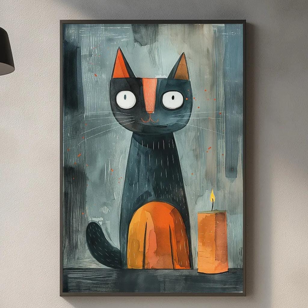 a kitchen counter with a framed painting of a cat, a wooden cutting board, and various kitchen items such as a bottle, a vase, and a bowl.
