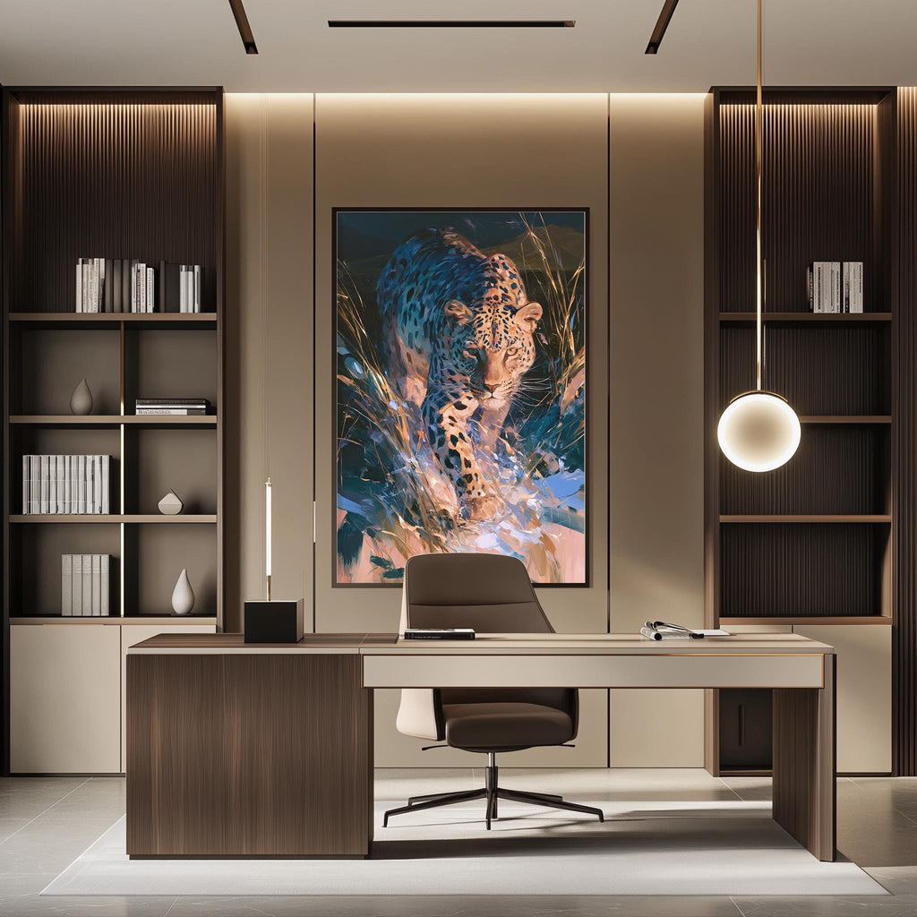 a modern and stylish office space with a large framed artwork of a leopard on the wall. The office has a wooden desk, a comfortable-looking chair, and a bookshelf filled with books. The overall design and decor create a sophisticated and professional atmosphere.