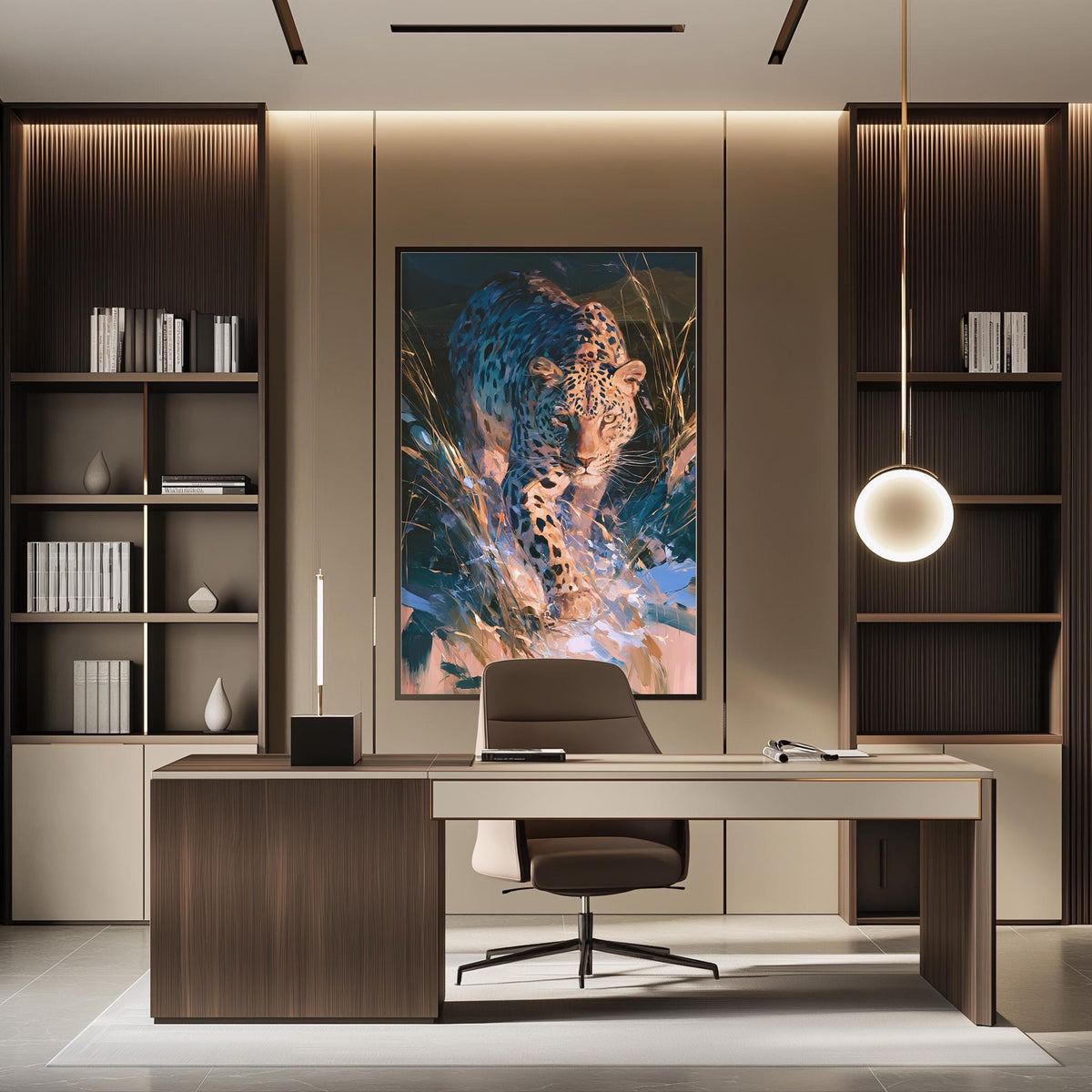 a modern and stylish office space with a large framed artwork of a leopard on the wall. The office has a wooden desk, a comfortable-looking chair, and a bookshelf filled with books. The overall design and decor create a sophisticated and professional atmosphere.