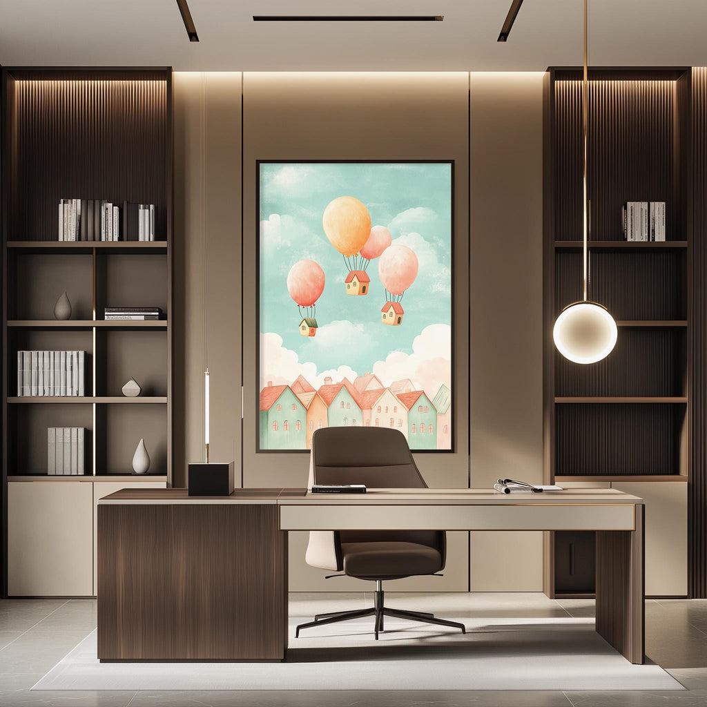 a modern and stylish office space with a large framed artwork of houses on the wall, a wooden desk with a chair, and a bookshelf filled with books.