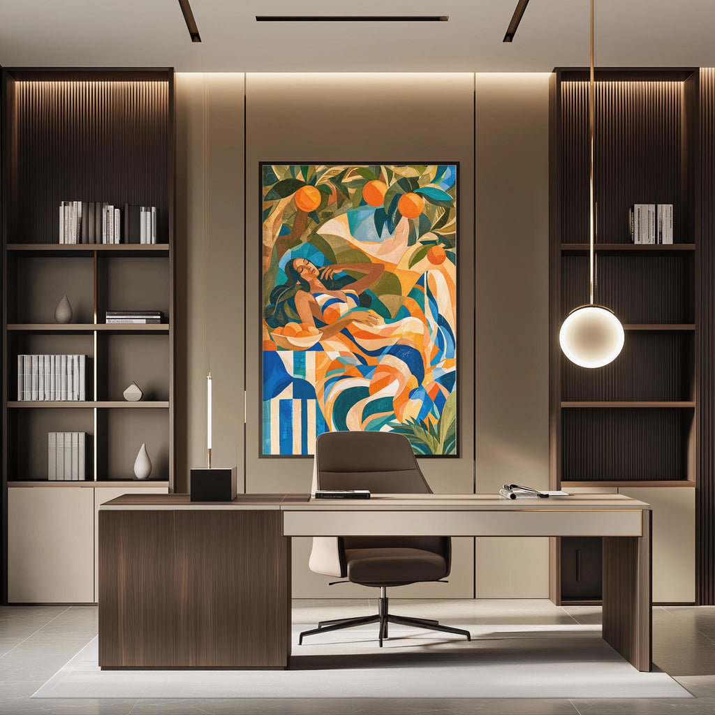 a modern and stylish office space with a large abstract painting on the wall, a wooden desk with a chair, and built-in bookshelves.