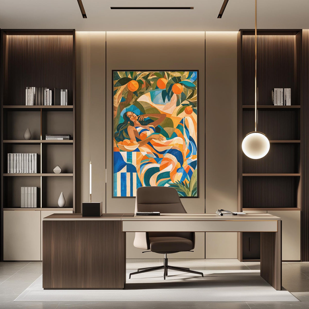 a modern and stylish office space with a large abstract painting on the wall, a wooden desk with a chair, and built-in bookshelves.