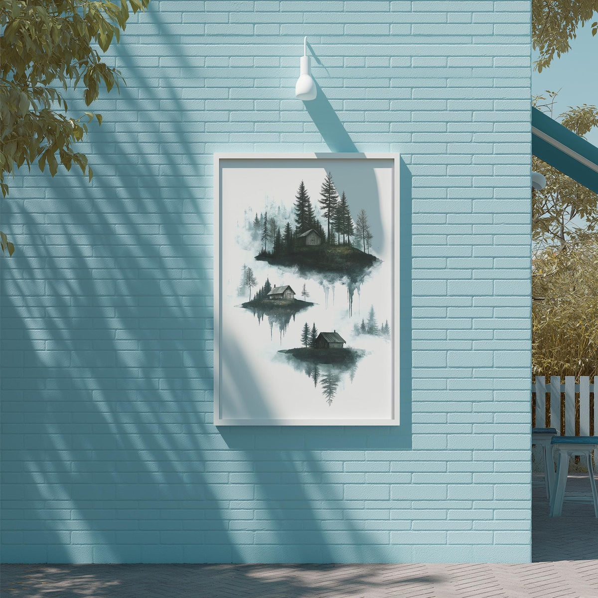 a blue brick wall with a framed painting of a serene landscape depicting a small island surrounded by trees and a lake.