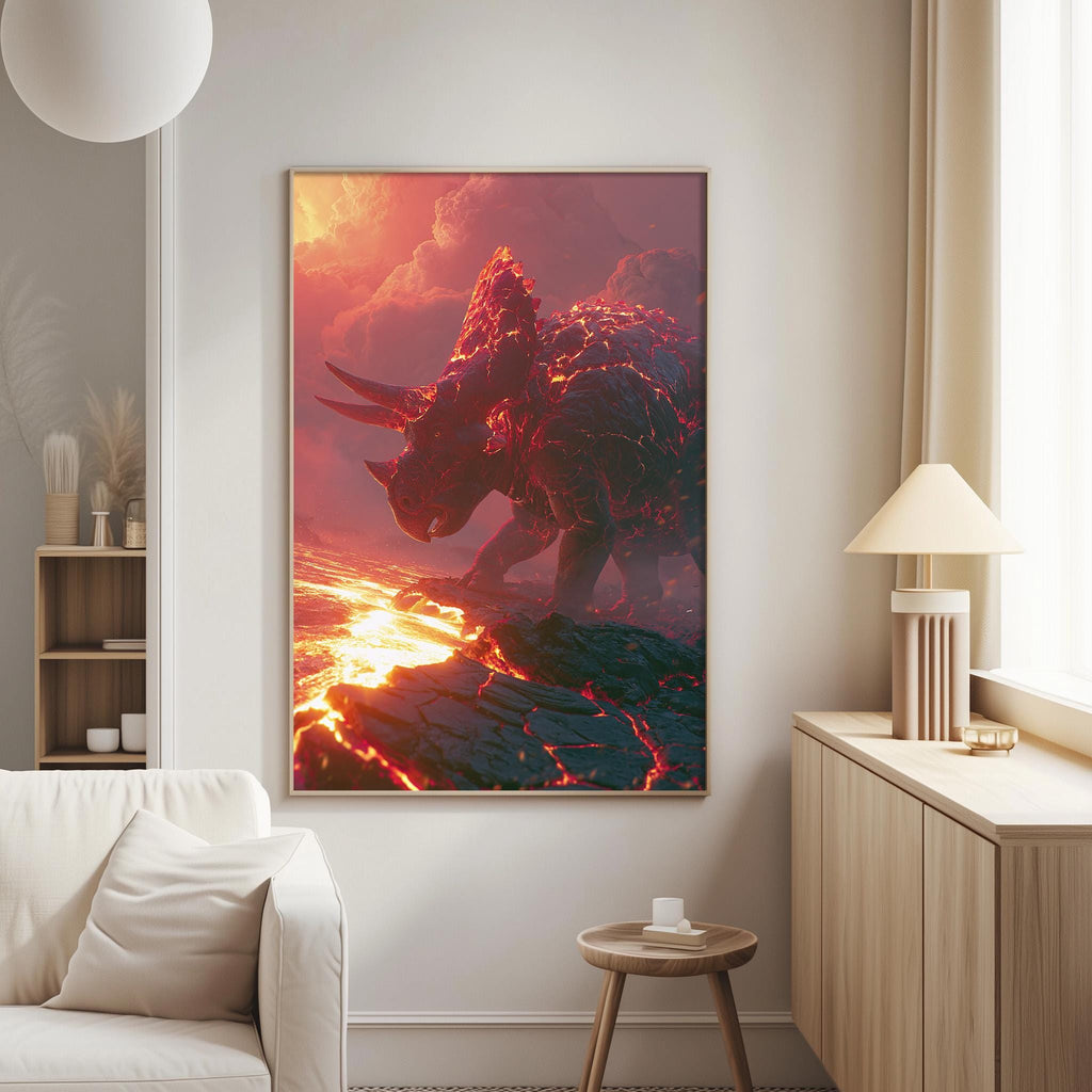 a large, vibrant painting of a fiery, dragon-like creature on a rocky surface, with a dramatic, fiery background.