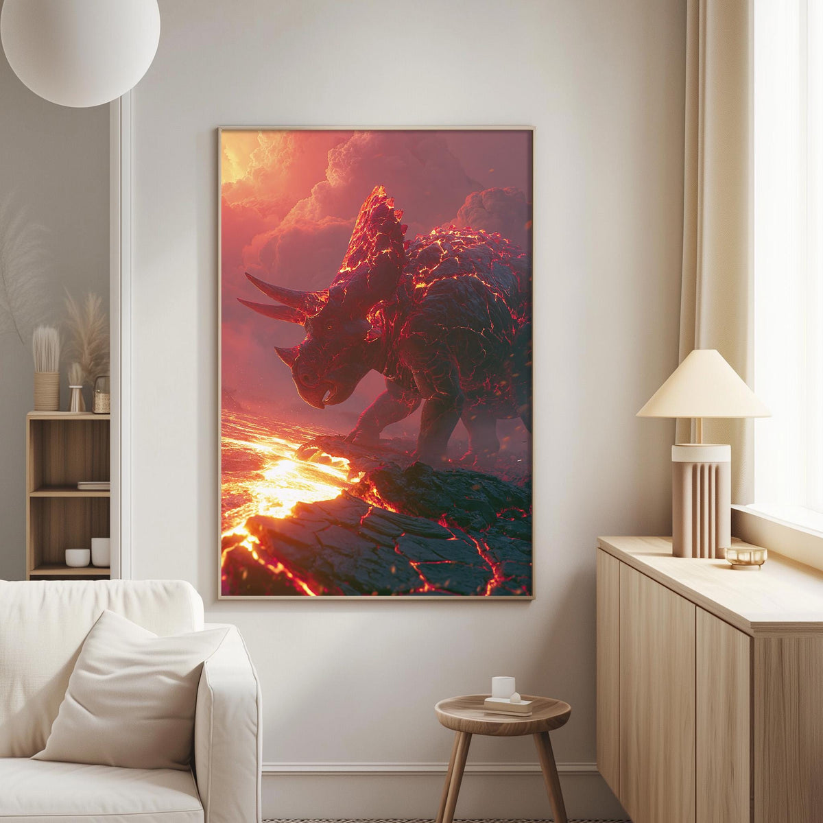 a large, vibrant painting of a fiery, dragon-like creature on a rocky surface, with a dramatic, fiery background.