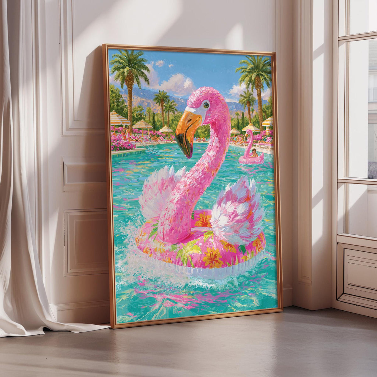 A large framed painting depicting a pink flamingo floating on a pink and white inflatable float in a tropical pool setting with palm trees and other colorful flowers.