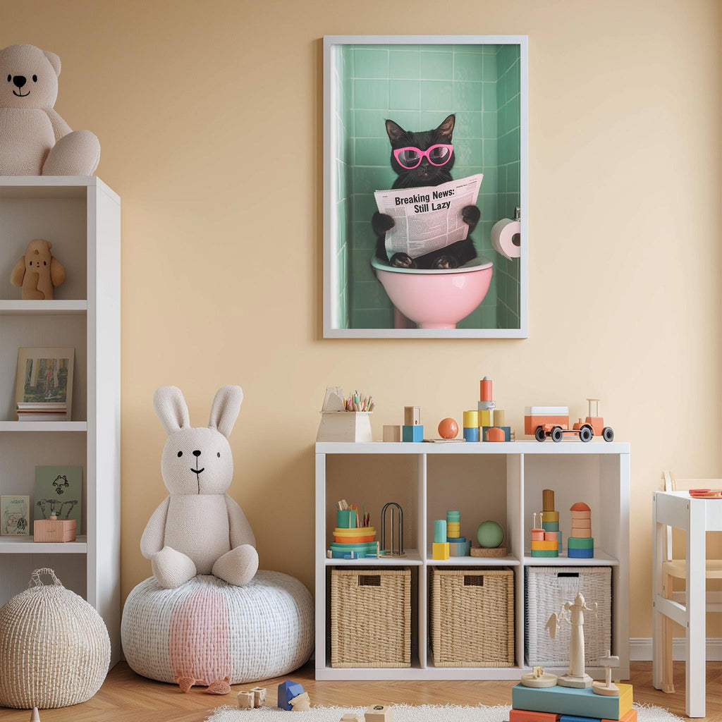 A child's bedroom with a white bookshelf, a stuffed rabbit, and a framed poster of a cat sitting in a pink toilet.
