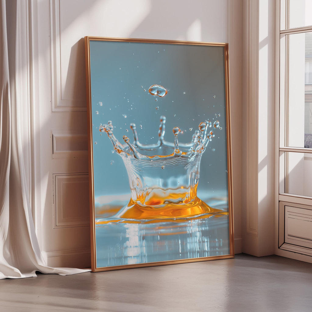 A framed image of a splash of water with a golden liquid, possibly gold or amber, in the center.