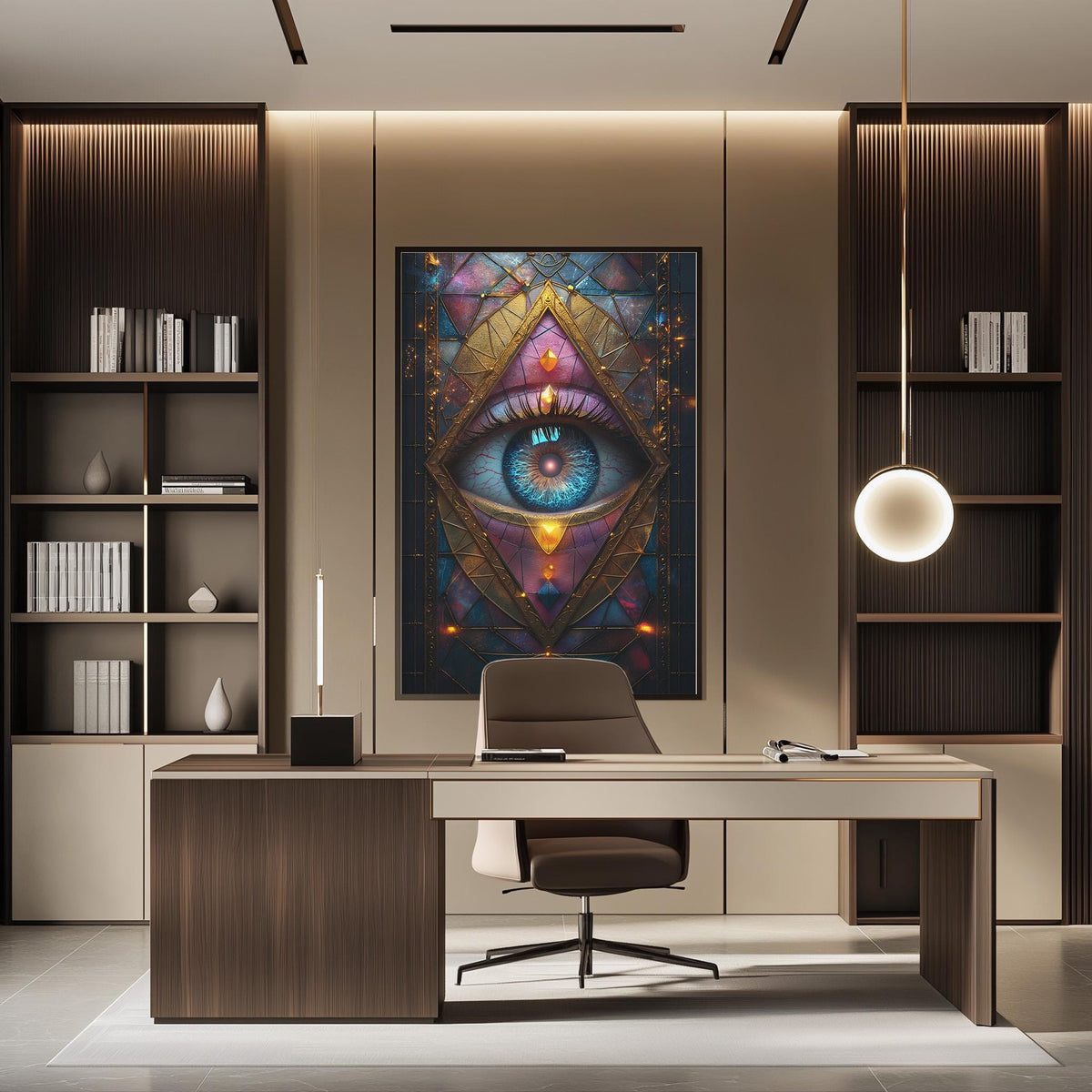 a modern office space with a large, colorful painting of an eye on the wall. The office has a wooden desk, a chair, and a bookshelf filled with books. The overall design and decor create a professional and creative atmosphere.