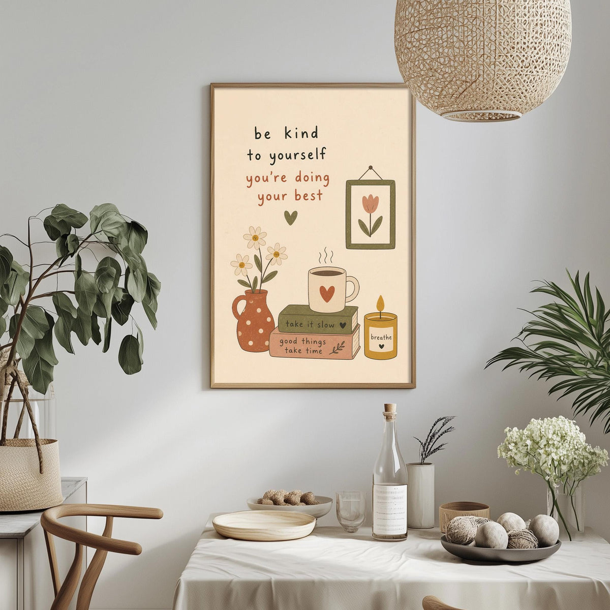 a cozy and inviting dining area with a framed poster on the wall that reads "be kind to yourself you're doing your best". The poster is surrounded by various decorative elements such as potted plants, vases, and a bowl of fruit. The dining table is set with plates, bowls, and a bottle, creating a warm and welcoming atmosphere.