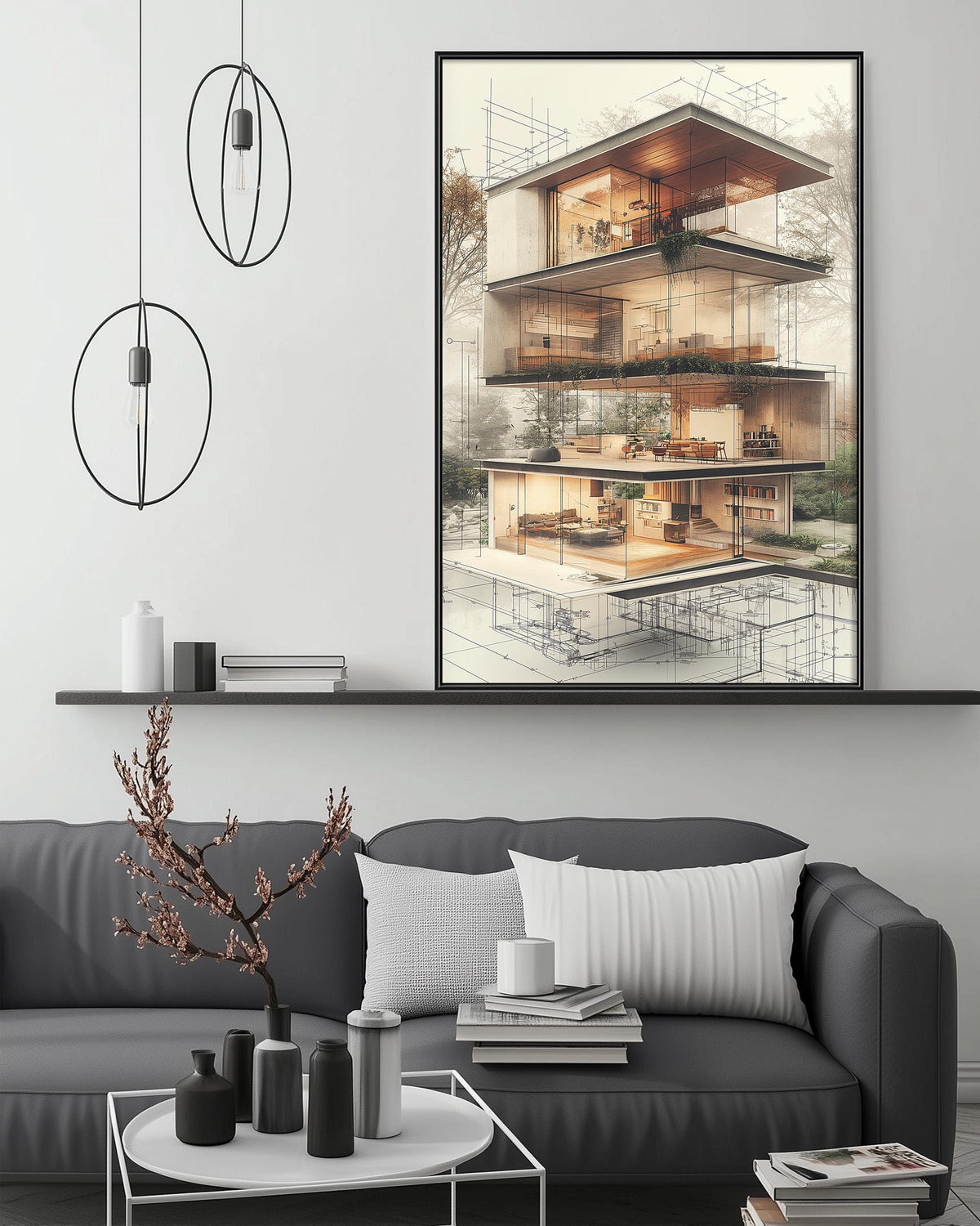 a modern living room with a gray sofa, a coffee table, and a large framed drawing of a multi-level house on the wall.