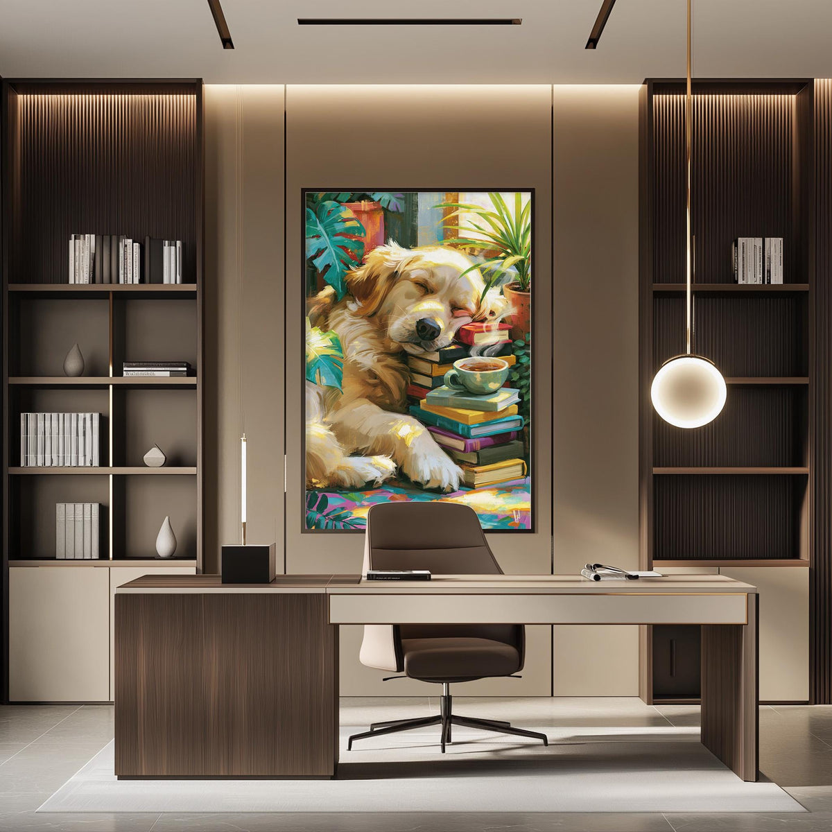 a modern office space with a large framed painting of a dog resting on a stack of books as the focal point. The painting is hung on the wall above a desk with a chair in front of it. The office also includes built-in bookshelves and a pendant light, creating a cozy and stylish workspace.