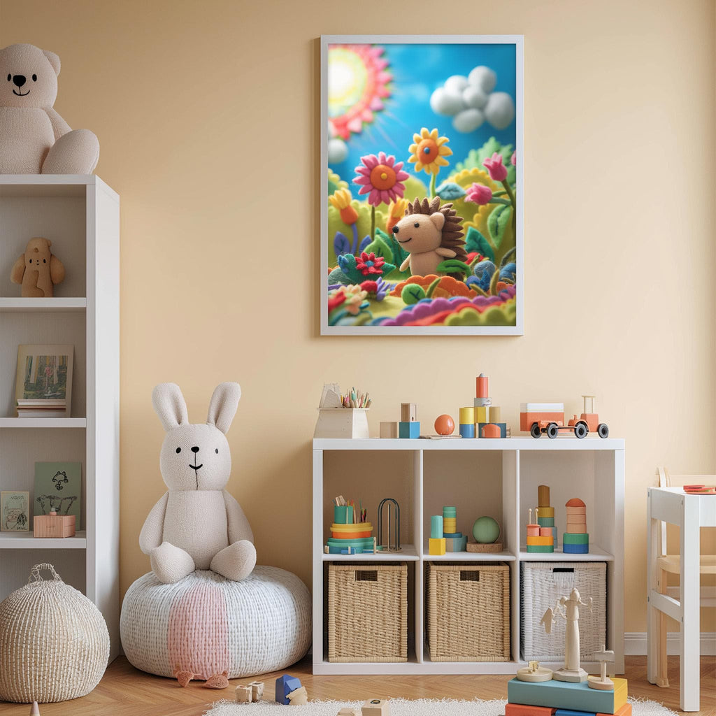 A child's bedroom with a large stuffed bunny, a toy train, and a colorful painting of a bunny and flowers on the wall.