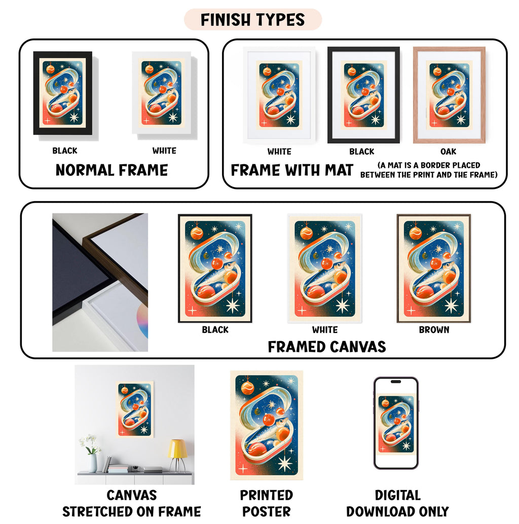 various types of artwork, including framed prints, canvas prints, and digital prints, each with different finishes and frame types.