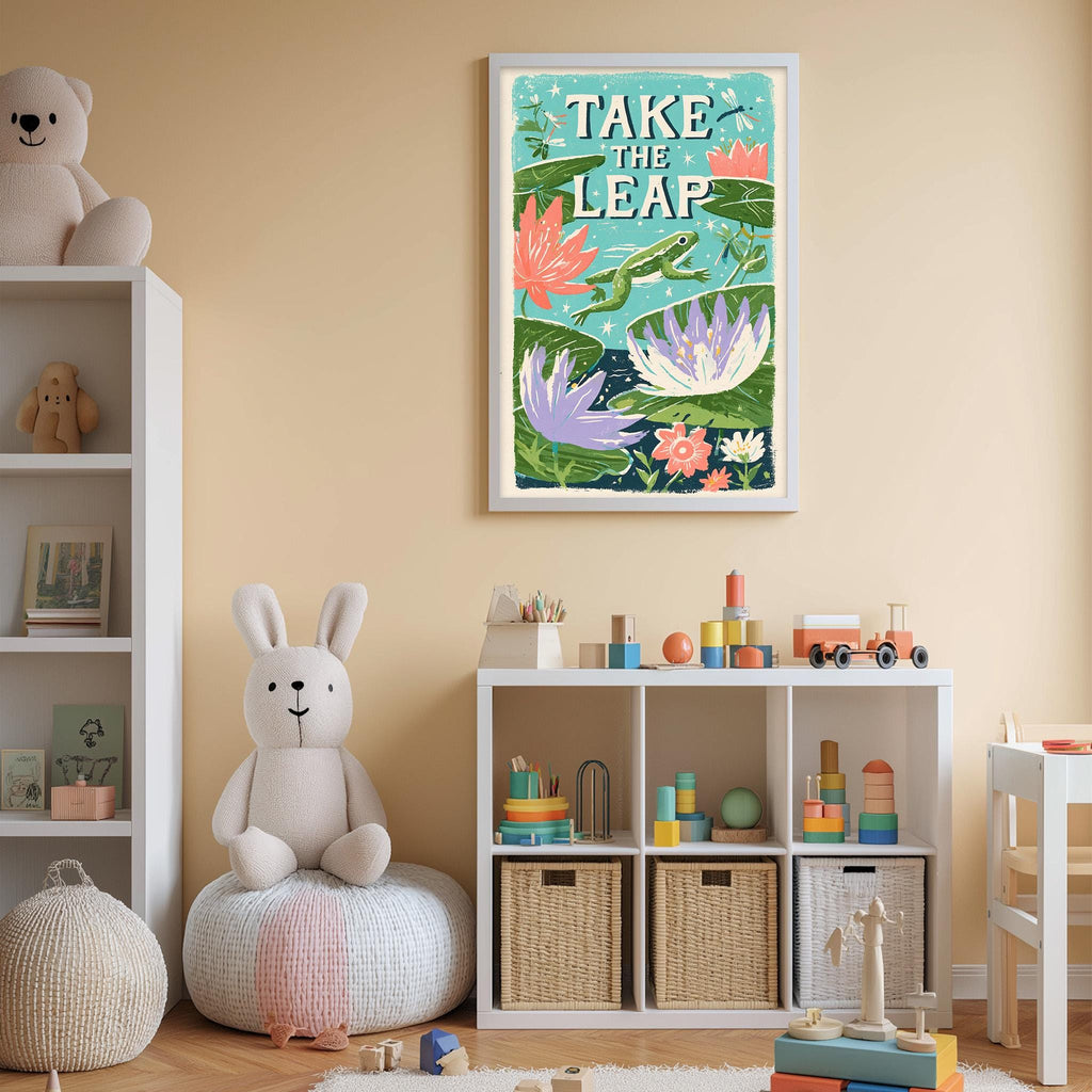 A child's bedroom with a white bookshelf, a stuffed rabbit, and a colorful poster on the wall. The poster features the text "TAKE THE LEAP" and illustrations of flowers and a frog.