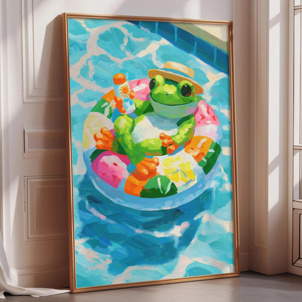 A framed painting depicting a green frog sitting in a colorful inner tube floating in a pool of water.