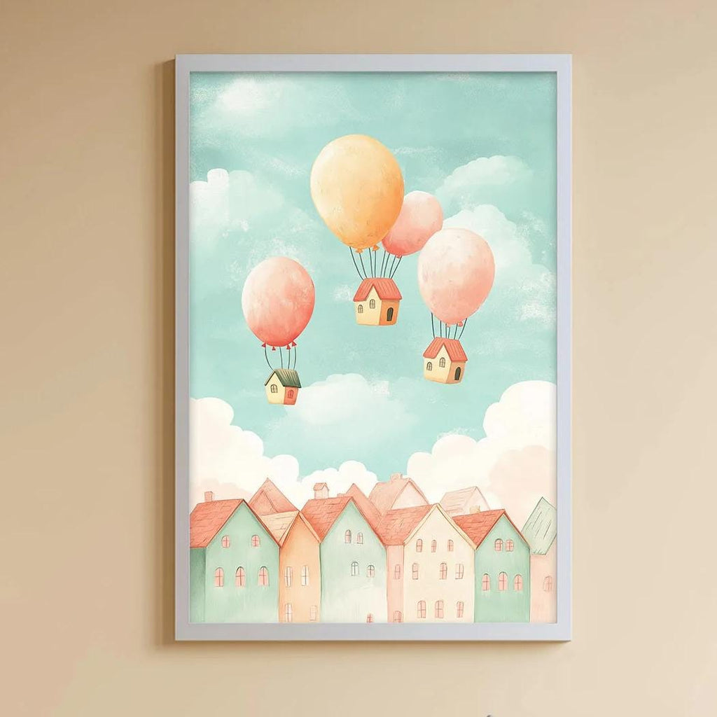 A cozy children's room with a white rabbit sitting on a bean bag chair, surrounded by various toys and storage bins. A framed picture of a whimsical town with hot air balloons is displayed on the wall above the storage bins.
