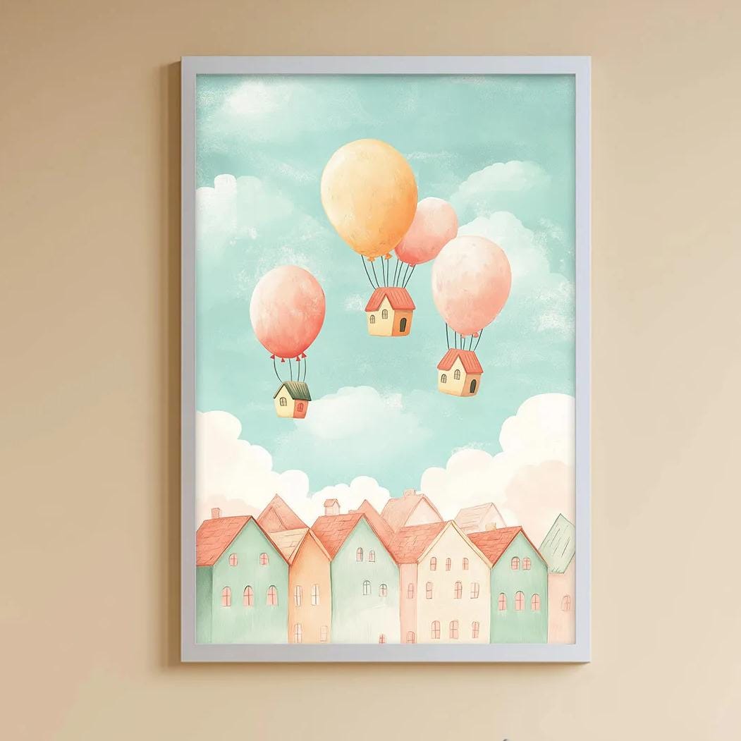 A cozy children's room with a white rabbit sitting on a bean bag chair, surrounded by various toys and storage bins. A framed picture of a whimsical town with hot air balloons is displayed on the wall above the storage bins.
