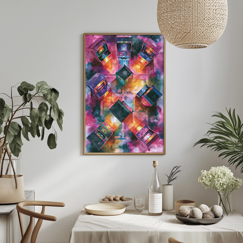 a vibrant, abstract painting hanging on a wall above a dining table with various decorative items and plants.