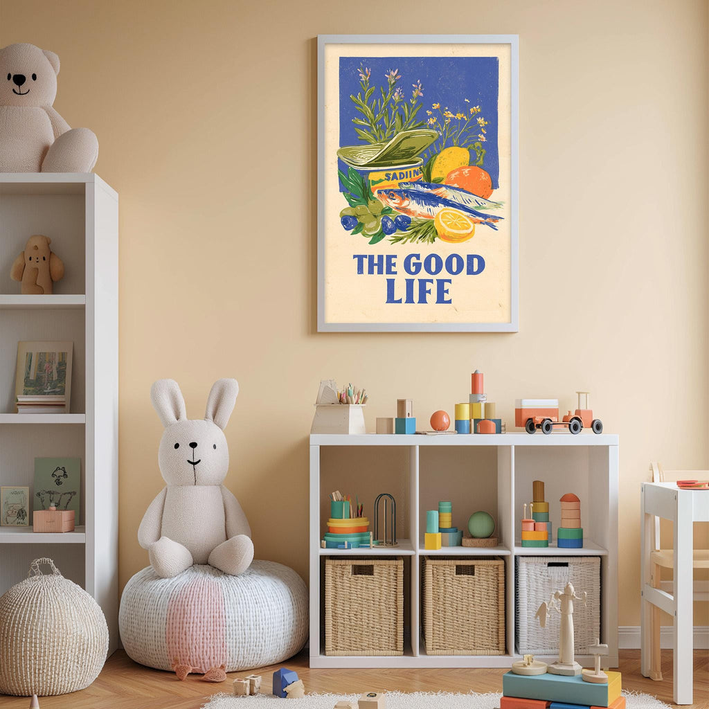 A child's bedroom with a white bookshelf, a stuffed rabbit, and a colorful poster on the wall. The poster features illustrations of fruits and vegetables, along with the text "THE GOOD LIFE".