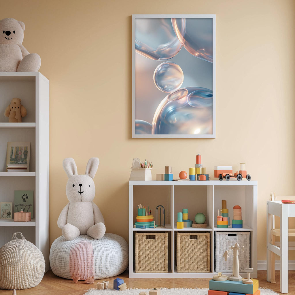A cozy and colorful children's bedroom with a large stuffed rabbit, a bookshelf, and a toy chest filled with toys. The walls are painted a light peach color, and there is a framed picture of bubbles hanging on the wall.