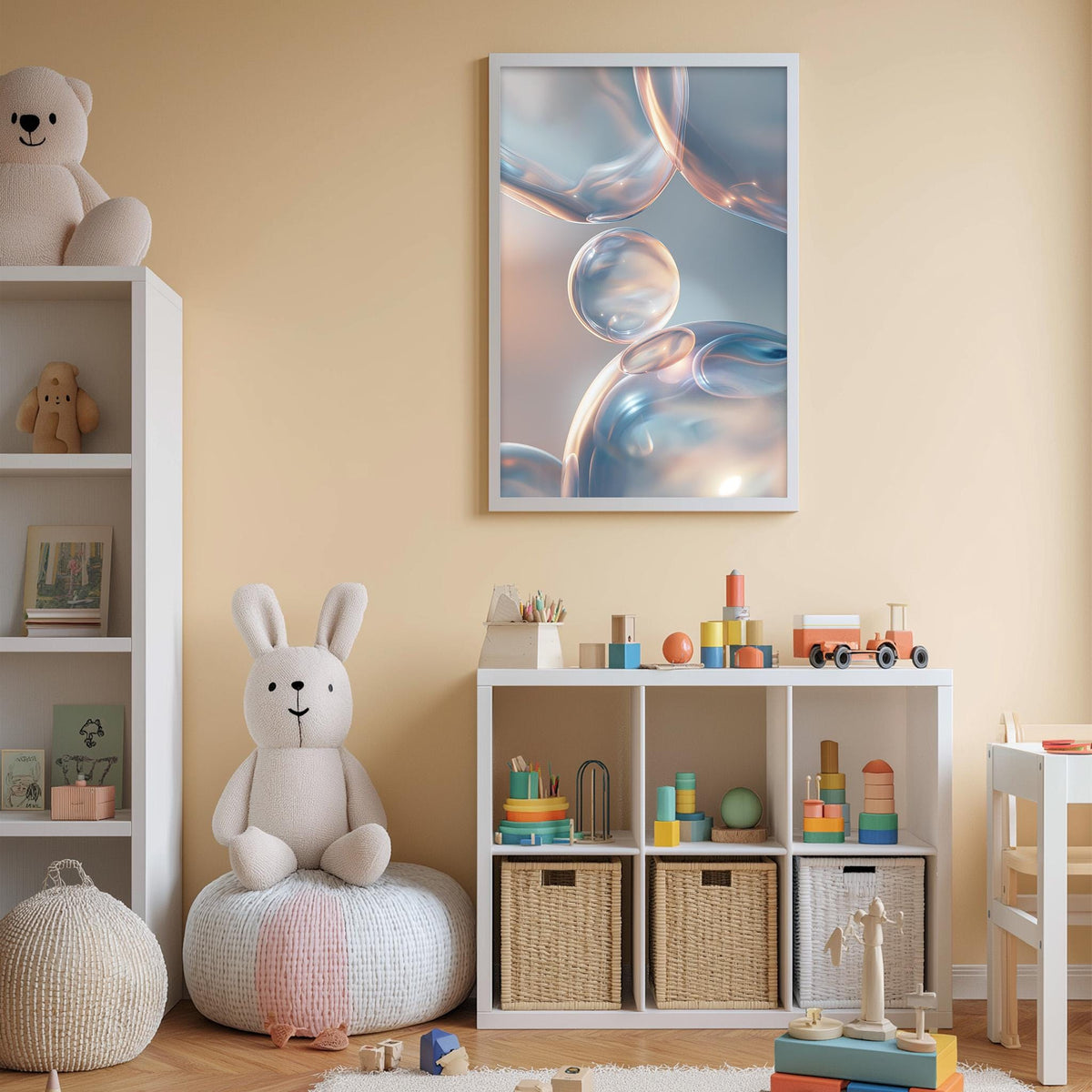 A cozy and colorful children's bedroom with a large stuffed rabbit, a bookshelf, and a toy chest filled with toys. The walls are painted a light peach color, and there is a framed picture of bubbles hanging on the wall.