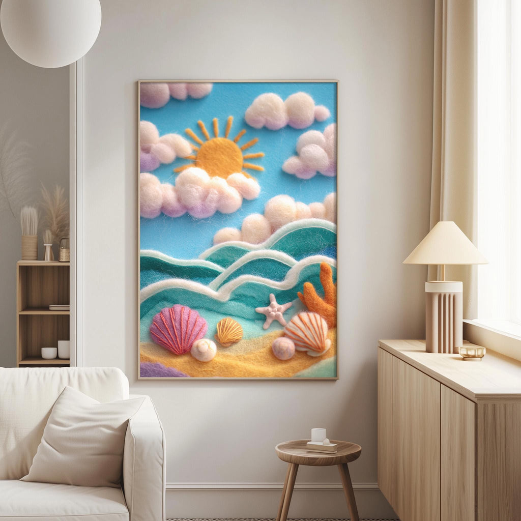 a vibrant and whimsical painting of a beach scene, with a large sun, fluffy clouds, and various sea creatures such as starfish and seashells. The painting is hung on a wall in a cozy living room setting, with a white sofa and a wooden side table nearby.