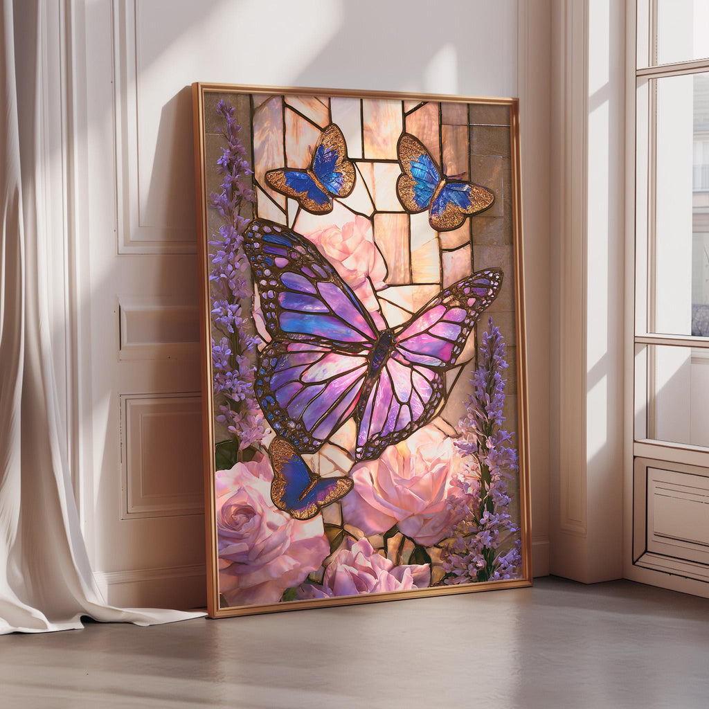 A framed stained glass artwork depicting a butterfly surrounded by pink and purple flowers, with two additional butterflies in the background.