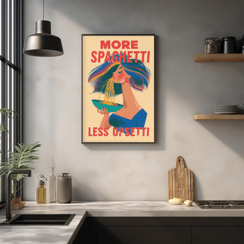 a framed poster with a woman eating spaghetti, hanging on a wall above a kitchen counter.