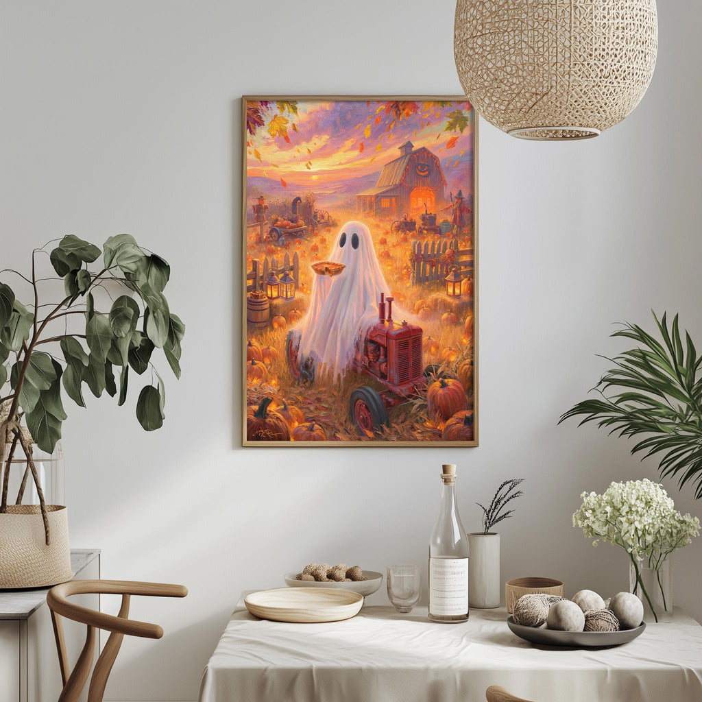a Halloween-themed painting of a ghost standing in a field with a tractor, pumpkins, and a barn in the background. The painting is hung on a wall above a table with various items on it, including a bottle, a vase, and a bowl.