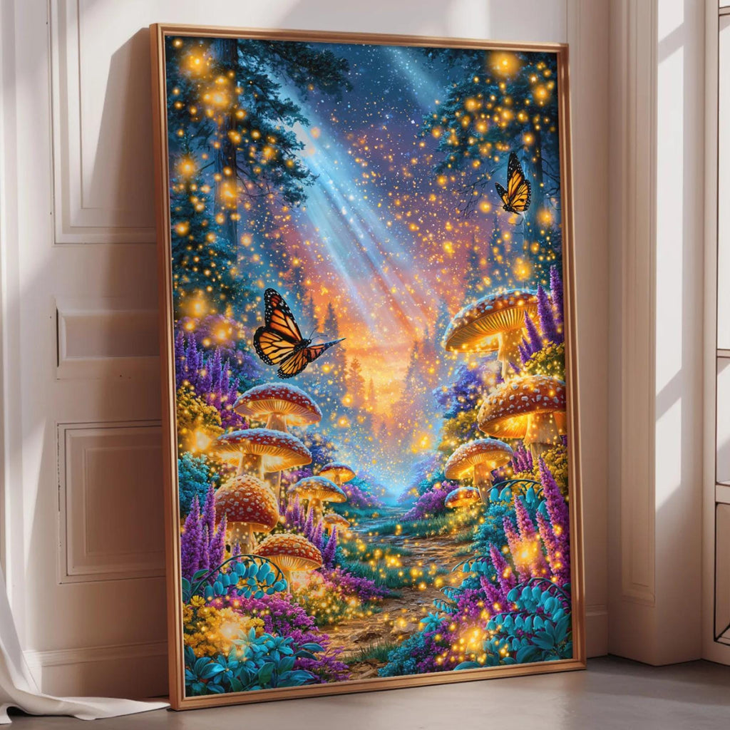 The image is a vibrant and colorful painting depicting a fantastical forest scene with mushrooms, flowers, and butterflies.