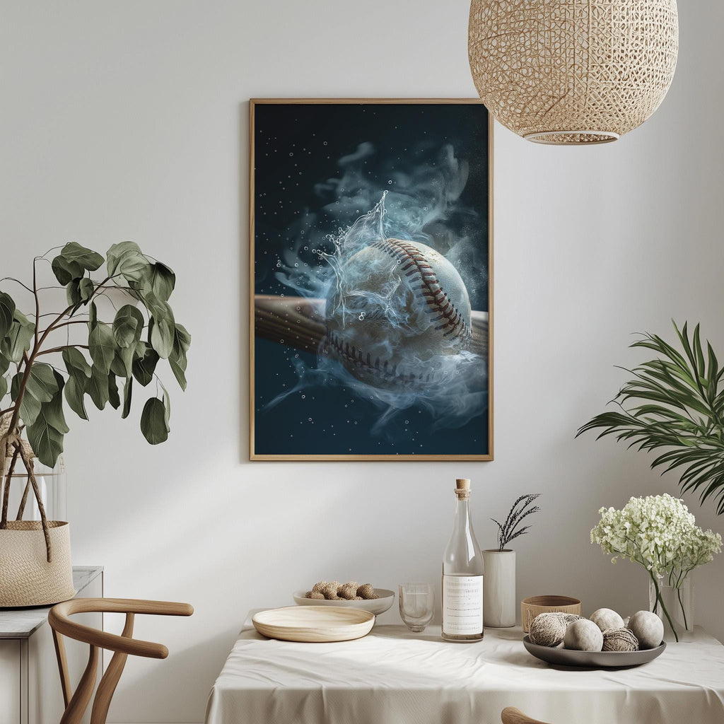 a framed painting of a baseball in mid-air, surrounded by a dark background and a splash of water, creating a dynamic and visually striking scene.