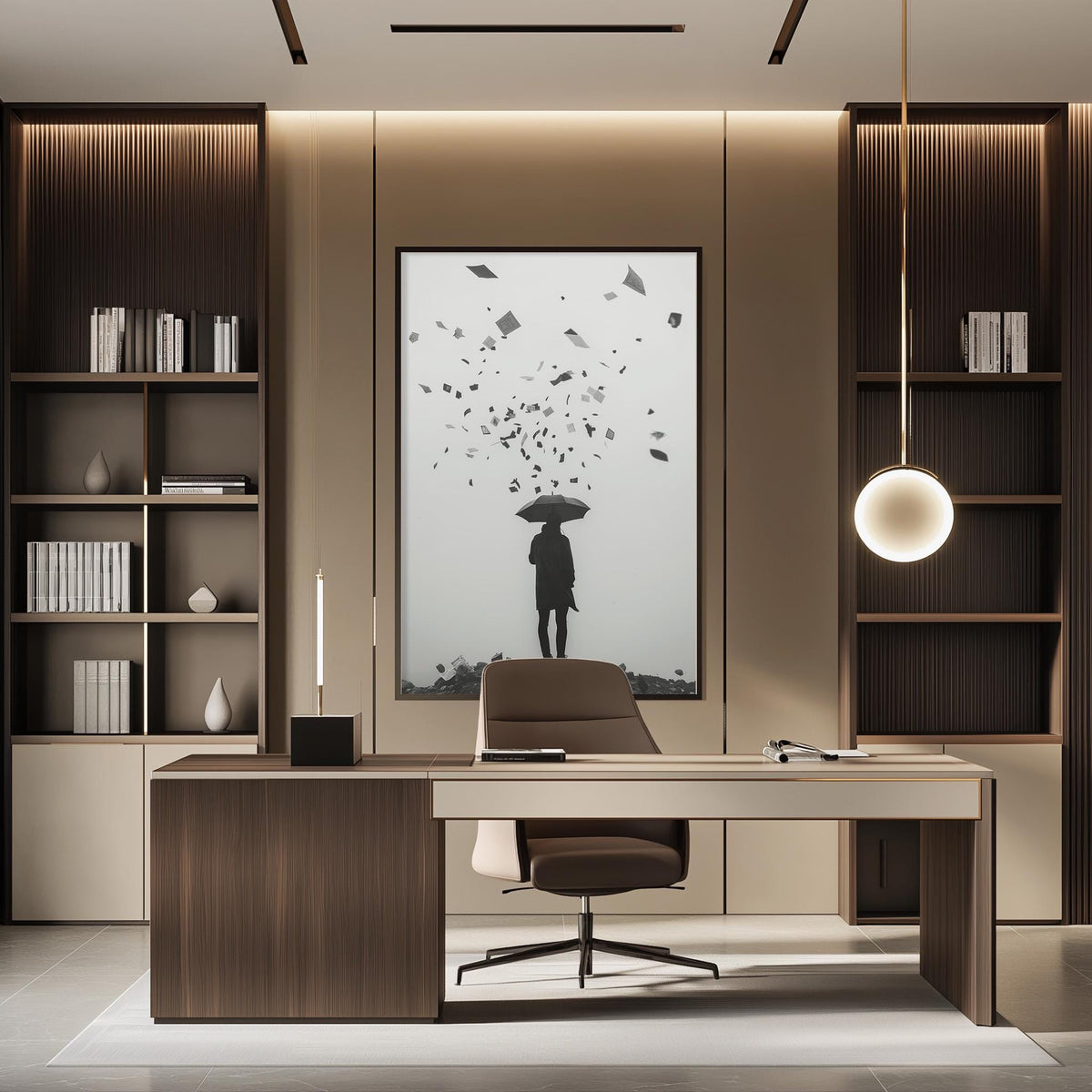 a modern and minimalist office space with a large framed artwork of a person holding an umbrella, surrounded by scattered papers, and a desk with a chair in front of it.