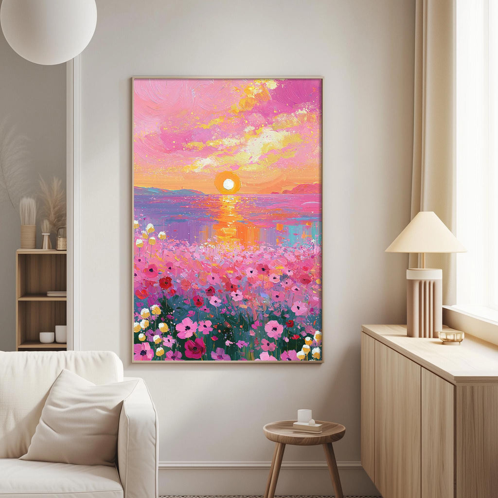 a large, vibrant painting of a sunset over a field of flowers, hanging on a wall in a living room.
