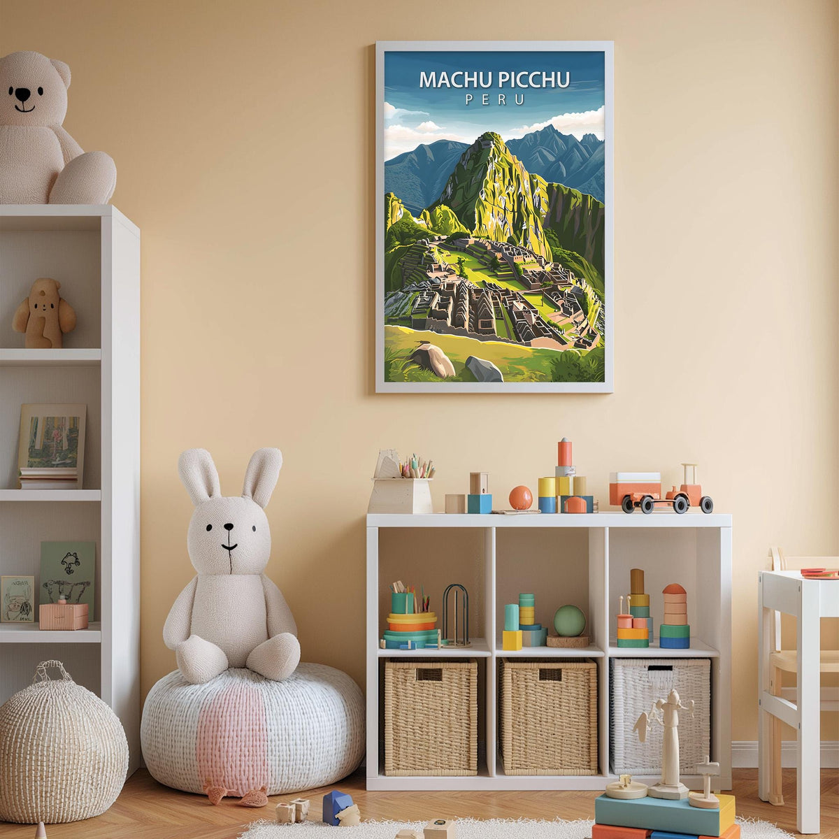 A child's bedroom with a large poster of Machu Picchu in Peru hanging on the wall, a stuffed rabbit sitting on a bean bag chair, and a toy shelf filled with various toys.