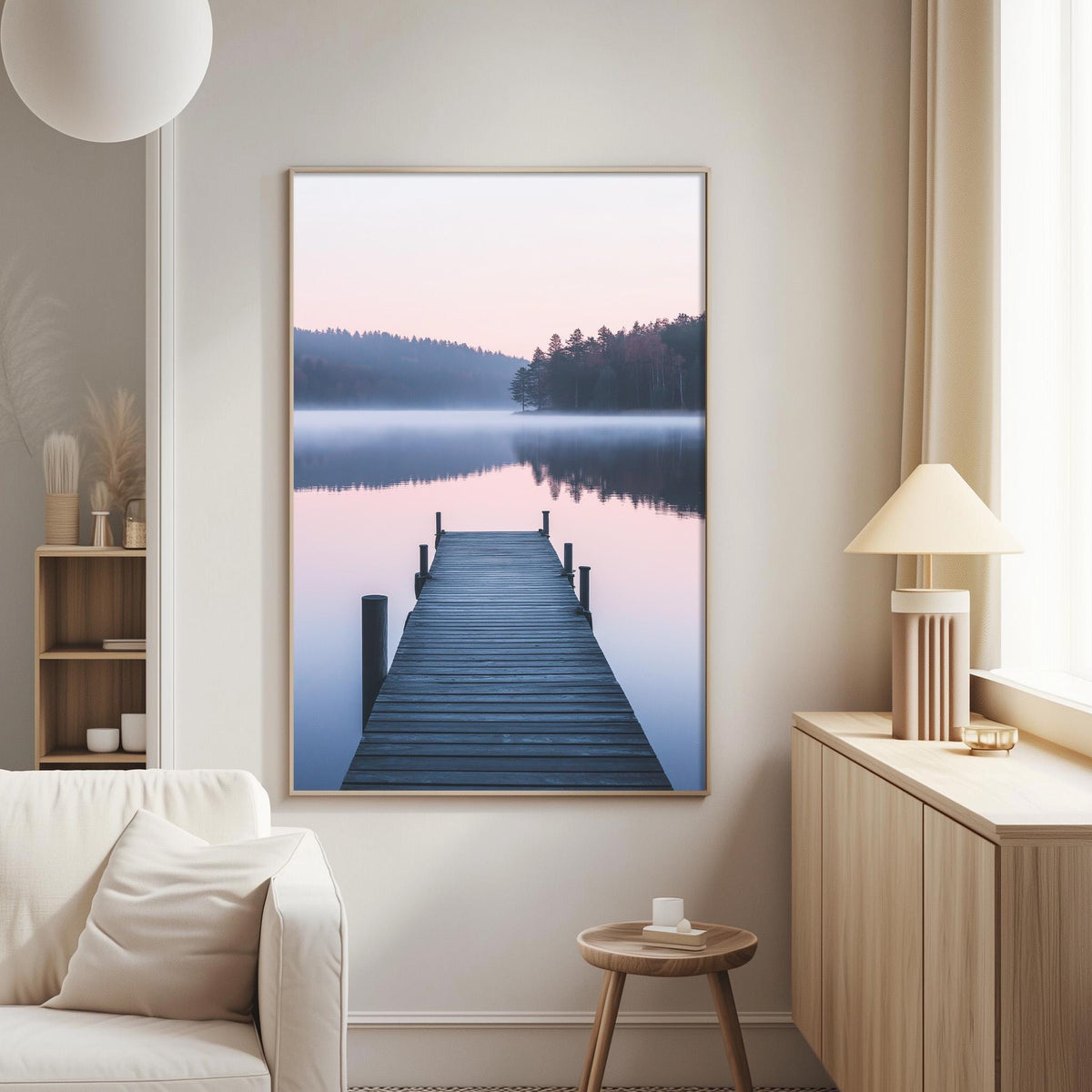 a serene indoor setting with a large framed picture hanging on the wall depicting a wooden dock leading to a calm lake, with a pink and blue sky in the background.