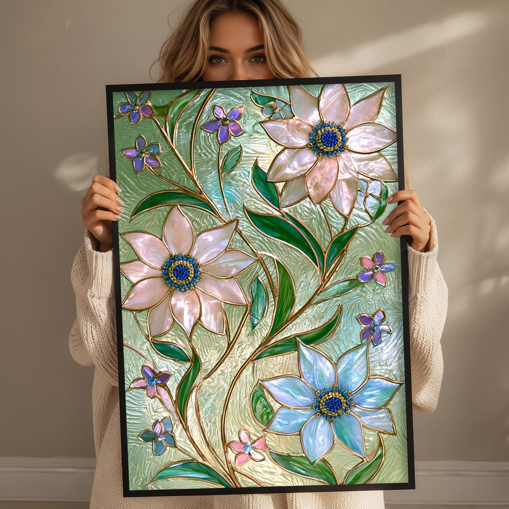 A woman holds up a framed stained glass artwork featuring a floral design with pink and blue flowers and green leaves.