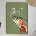 a framed artwork of a fish with bubbles around it, hanging on a wall above a dining table with various items on it.