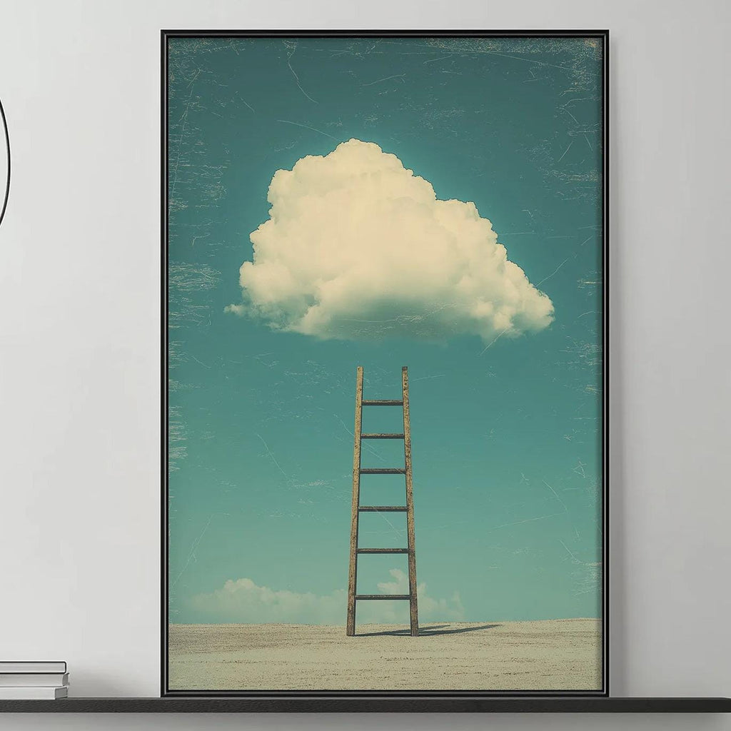 a large framed picture of a ladder leading up to a cloud in the sky, hanging on a wall above a gray couch with a coffee table in front of it.