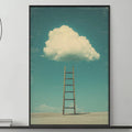 a large framed picture of a ladder leading up to a cloud in the sky, hanging on a wall above a gray couch with a coffee table in front of it.