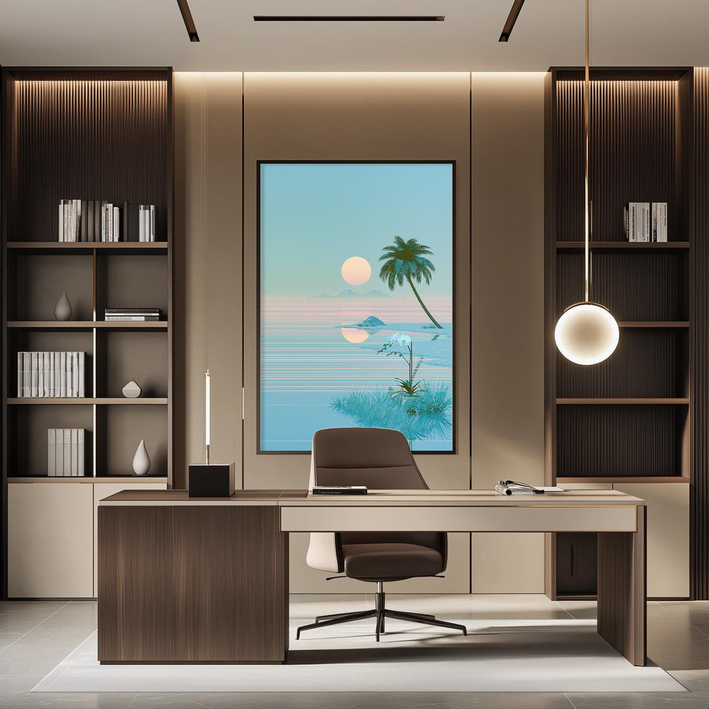 a modern and well-lit office space with a large window offering a view of a tropical beach. The office features a wooden desk, a comfortable chair, and a large framed picture of a beach scene.