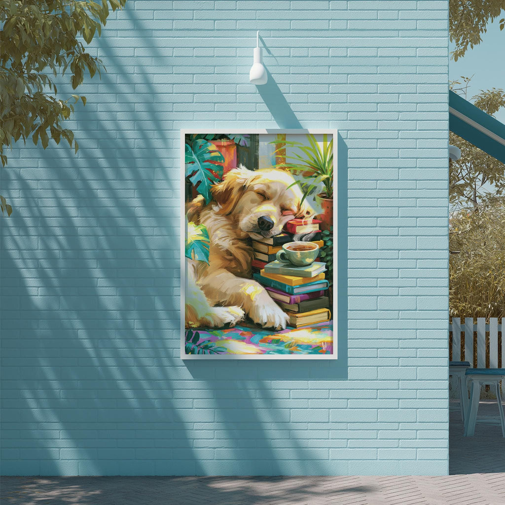 A framed painting of a golden retriever dog is hanging on a light blue brick wall, surrounded by potted plants and a bench.