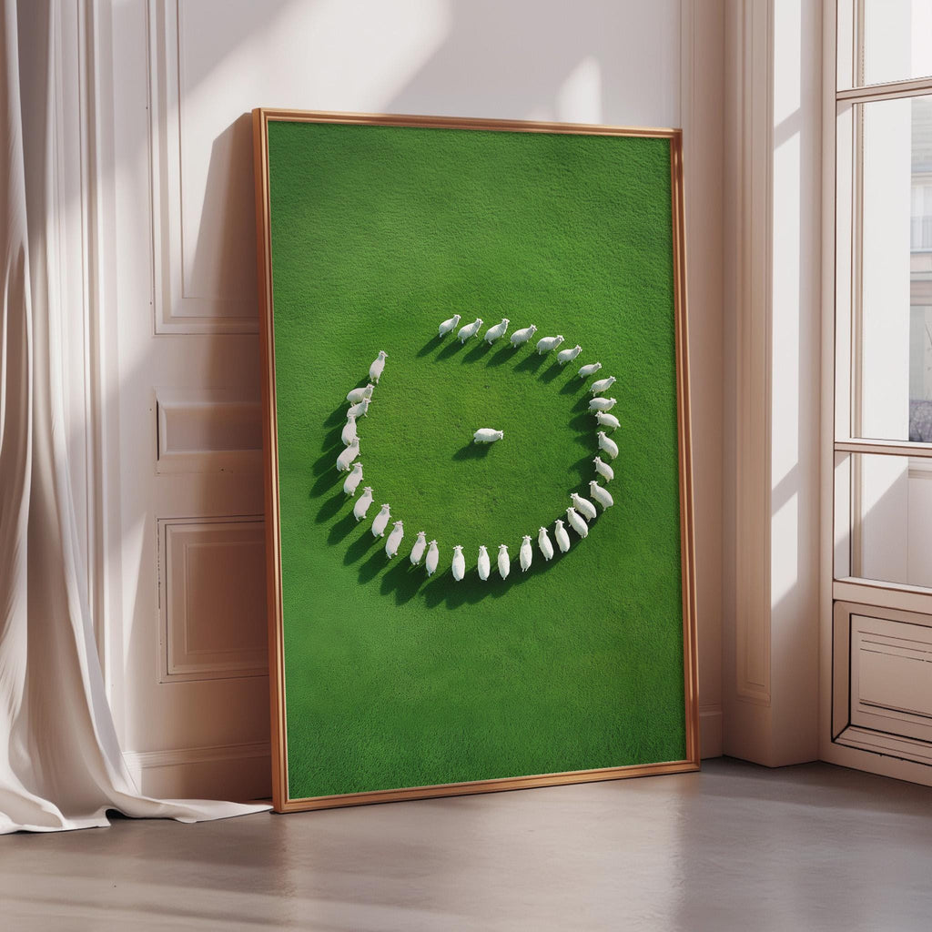 A large framed artwork depicting a circular arrangement of white birds on a green background, with a window in the background.