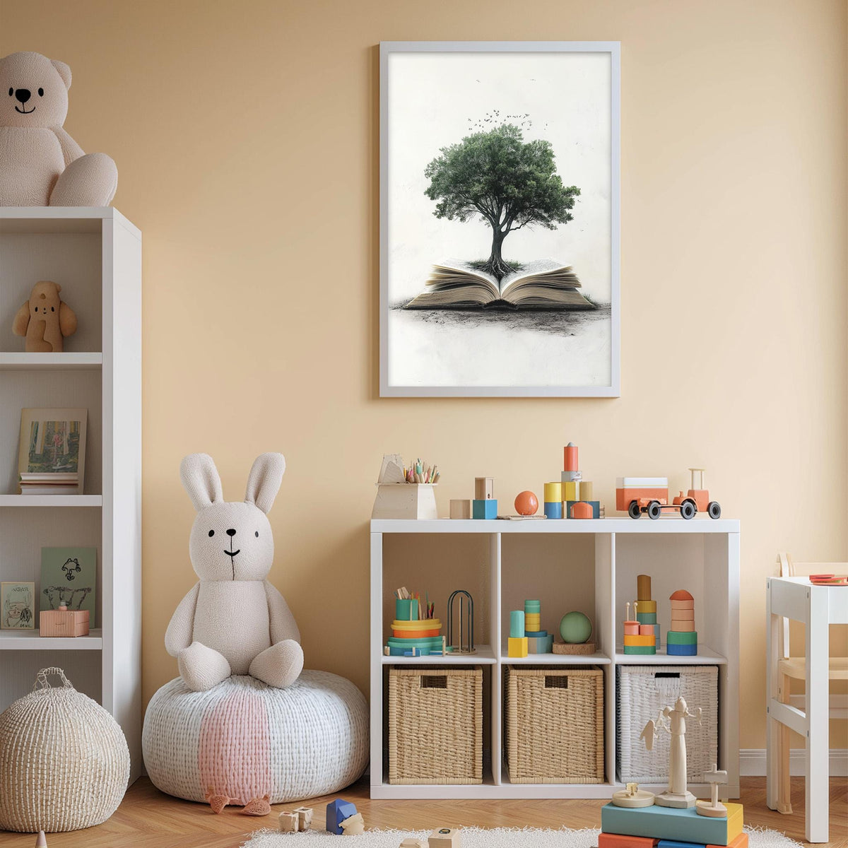 A cozy children's room with a bookshelf, stuffed animals, and a toy train set. The room has a warm, inviting atmosphere with a framed image of a tree on the wall.