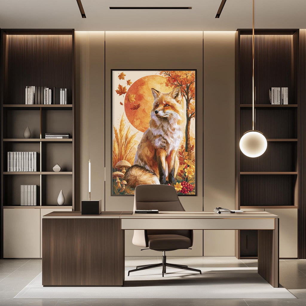 a modern office space with a large framed painting of a fox on the wall. The painting is surrounded by bookshelves and a desk with a chair. The overall design of the space has a contemporary and sophisticated feel.